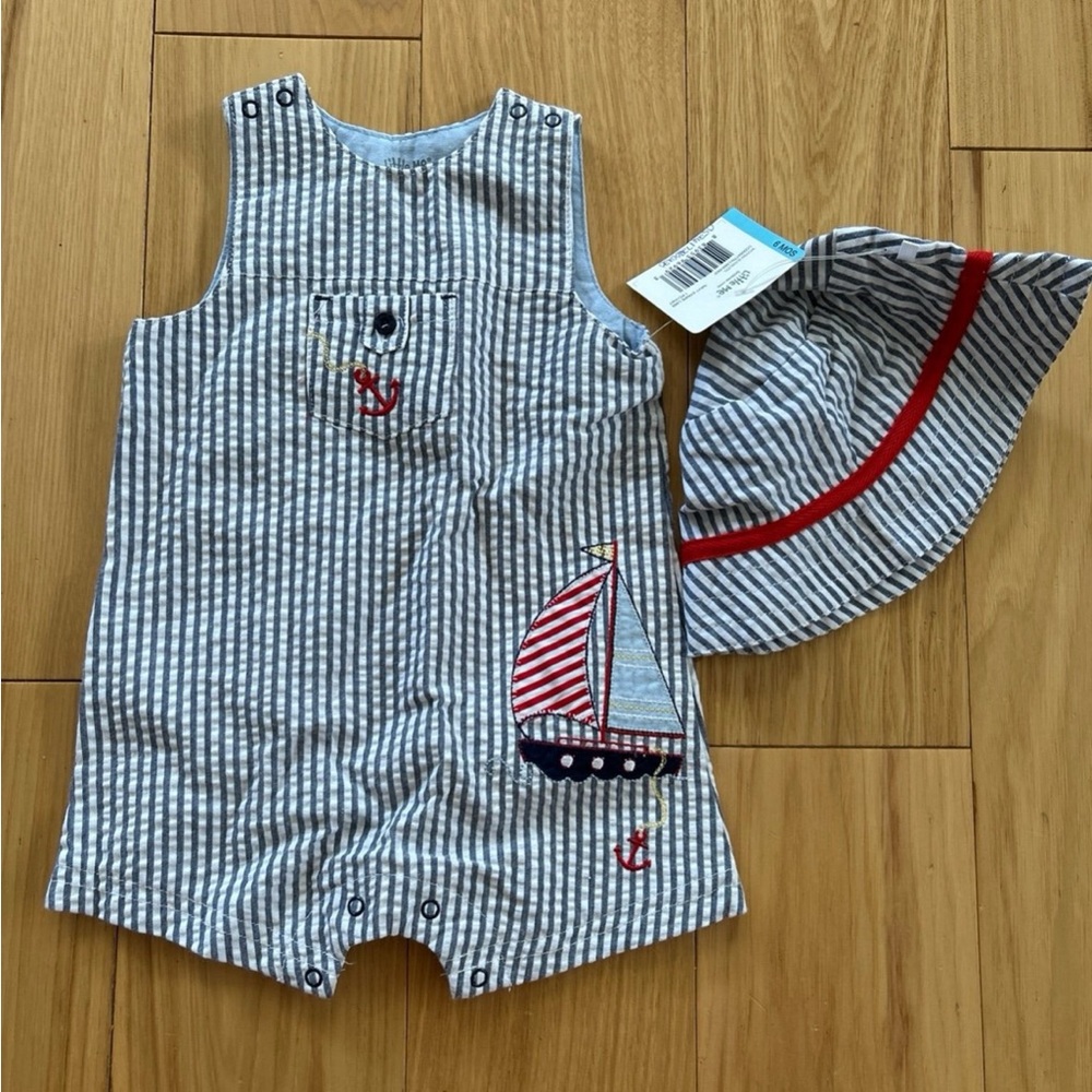 NWT Little Me Seersucker One-piece with Matching Hat, Sz 6 mos